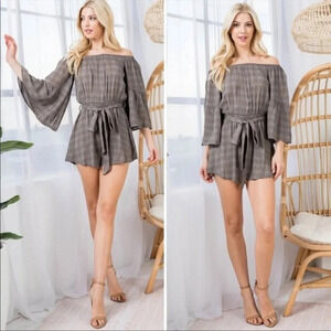 Boho Plaid Off Shoulder Romper | Bell Sleeve Cinched Waist Jumpsuit